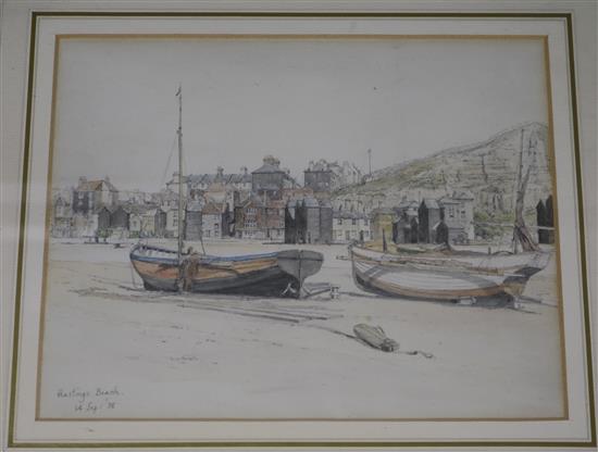 Fred Milner, oil on board, The Sarah Colebrook, Rye, signed, 20 x 25cm and a watercolour of Hastings Beach